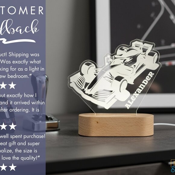 Personalized Racing Car Night Light – Custom LED Kids Lamp - Picture 7 of 8